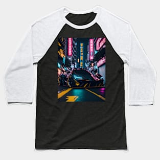 Dark Neon Sports Car in Japanese Neon City Baseball T-Shirt